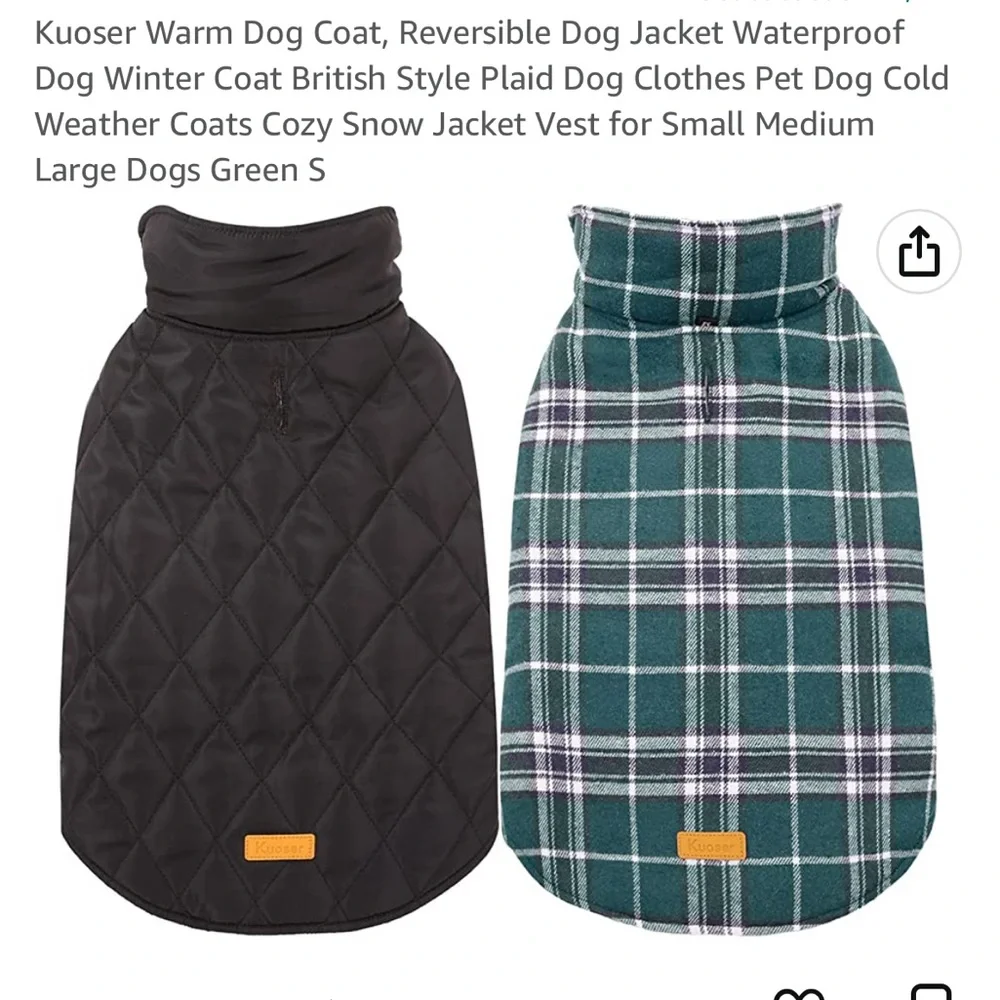 Reversible Dog Jacket Black & Green insulated size small